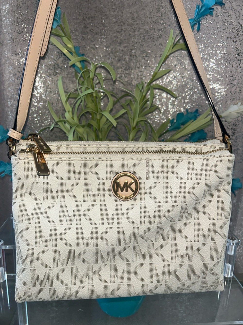 Michael Kors Beige and Gold Signature Crossbody Bag